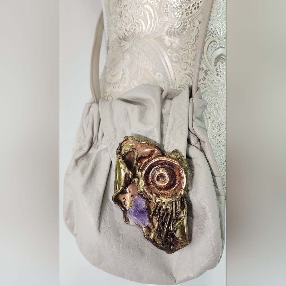 Vintage handcrafted beige satchel purse with melted bronze & amethyst art design